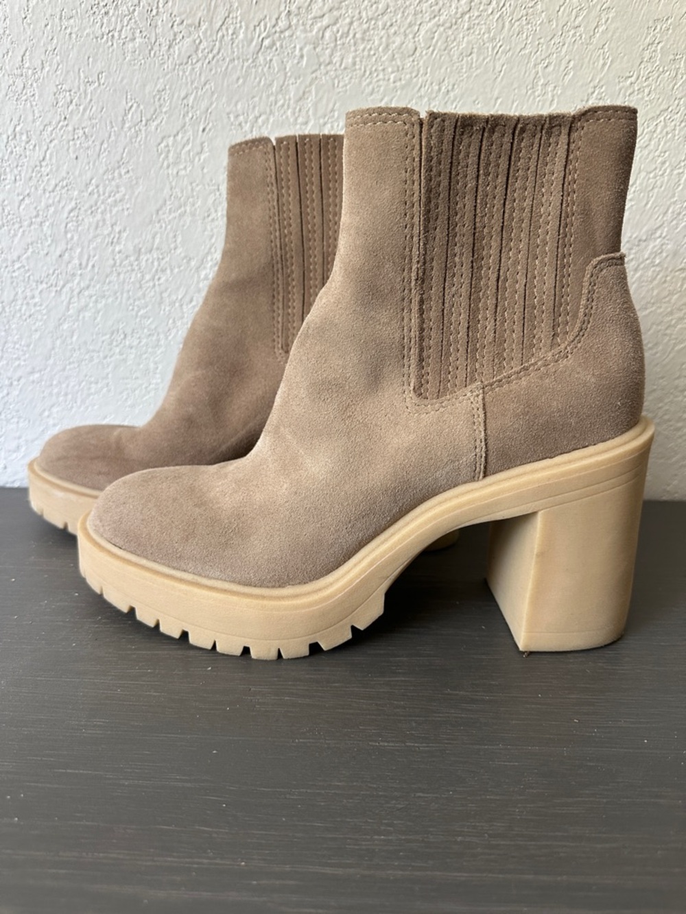 Dolce Vita Taupe Suede Platform Chelsea Booties